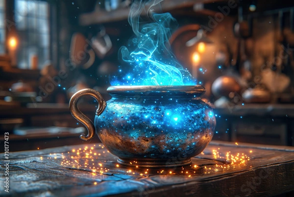Fototapeta Magical blue glowing potion in wizards workshop
