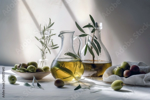 Fototapeta Olives, olive oil and leaves. Generative AI.