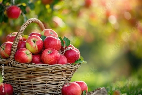 Obraz Fresh Red Apples in Wicker Basket, Organic Farming Concept