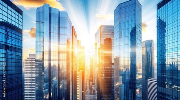 Fototapeta peach fuzz and blue banner, background, Urban Cityscapes, A modern skyline at day banner , The cityscape at sunrise, with radiant light rays piercing the skyline..