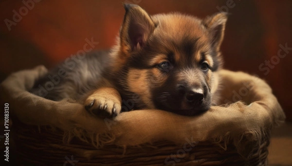 Fototapeta Cute puppy, small, fluffy, purebred dog, sitting, looking at camera generated by AI