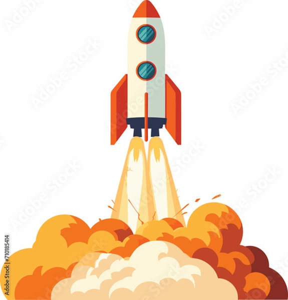 Fototapeta Space rocket launch with fiery boosters. Startup concept with rocketship blasting off. Innovation and exploration vector illustration.