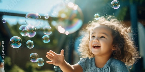 Fototapeta Little girl enjoys soap bubbles