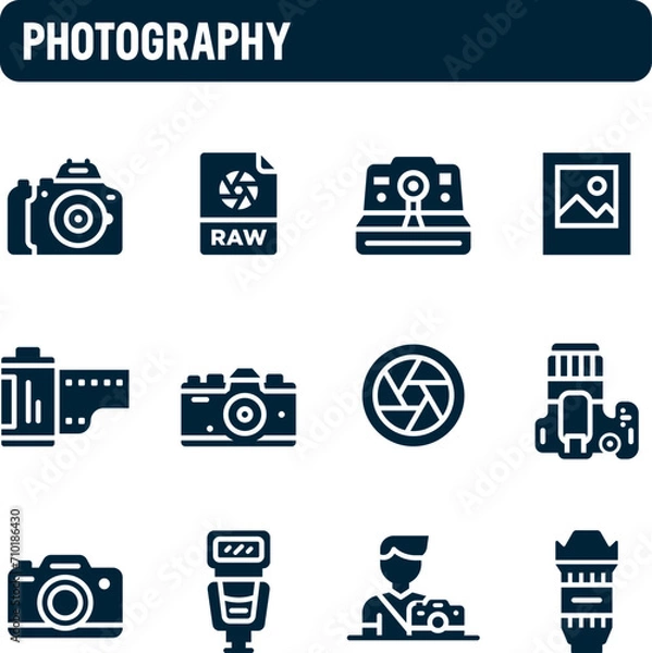 Fototapeta Photography icons. Vector set of cameras and photographer. Filled icon design.