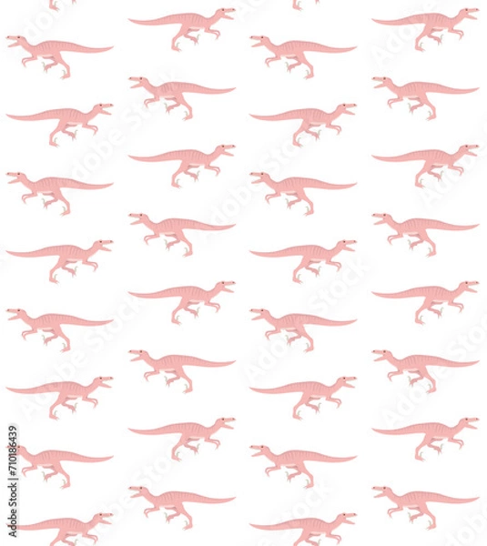 Fototapeta Vector seamless pattern of hand drawn flat pink velociraptor dinosaur isolated on white background