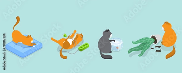 Fototapeta 3D Isometric Flat Vector Illustration of Naughty Pets, Scenes With Cute Cats