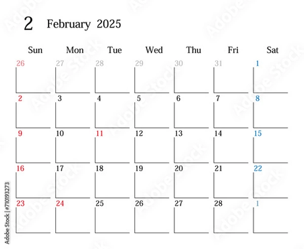Fototapeta 2025年2月、日本のカレンダー