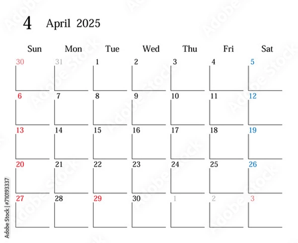 Obraz 2025年4月、日本のカレンダー