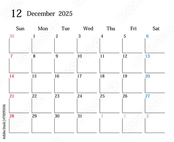 Obraz 2025年12月、日本のカレンダー