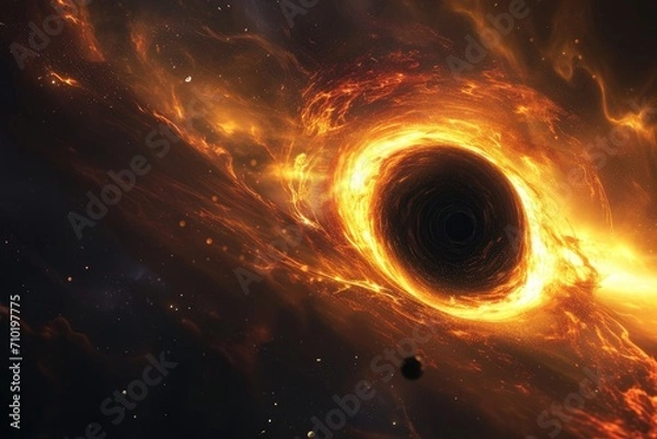Fototapeta An enigmatic black hole devours the fiery essence of a distant nebula, showcasing the awe-inspiring power and beauty of the universe