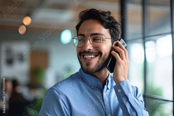 Fototapeta Young busy latin businessman talking on cell phone in office. Smiling hispanic business man making call on mobile technology, consulting client or having work telephone conversation, Generative AI