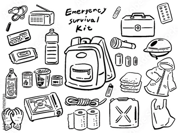 Obraz 防災グッズ　手描き風線画　イラストセット