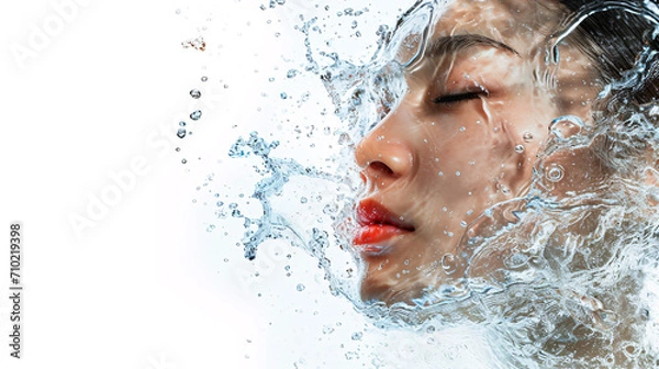 Fototapeta 水の恵みを受ける美しい肌のアジア系女性の横顔