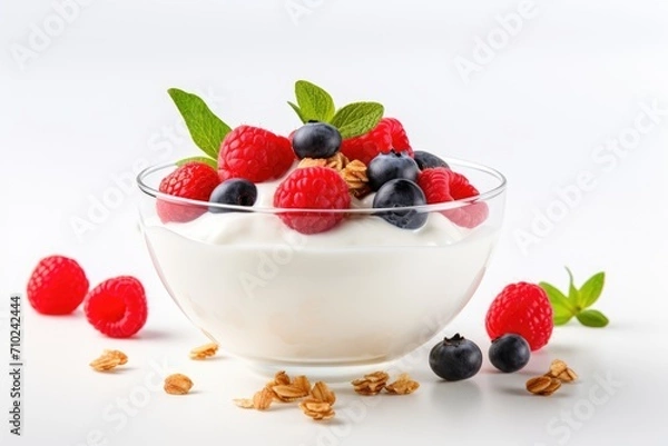 Fototapeta Breakfast bowl with Greek yogurt nuts oatmeal granola and berries on a white background selectively focused
