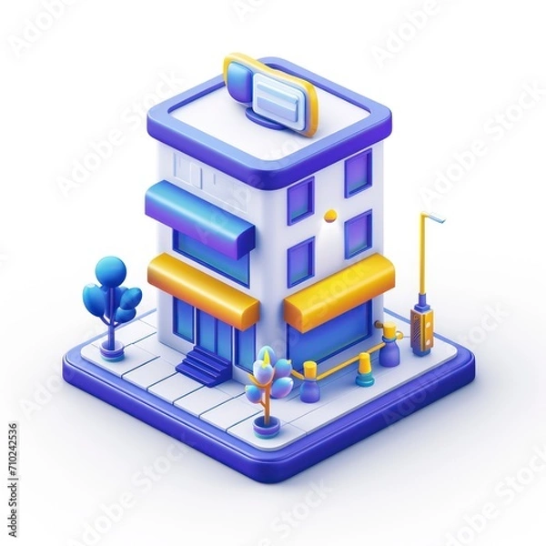 Obraz Hyperdetailed 2.5D WebUI Icon Design Featuring a Seal, Building, and Isometric 3D Elements Rendered with C4D Blender OC, Set Against a White Background