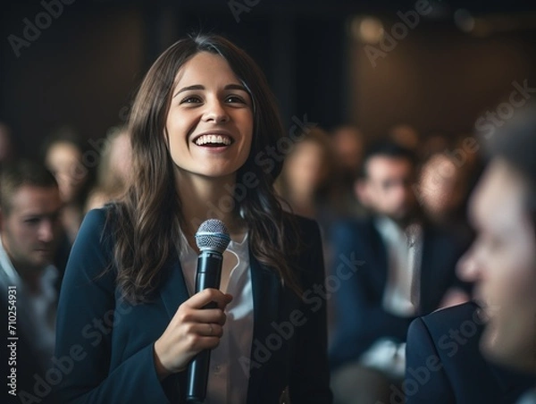 Fototapeta Confident Question: Seminar Attendee with Microphone,Engaged Seminar Participant