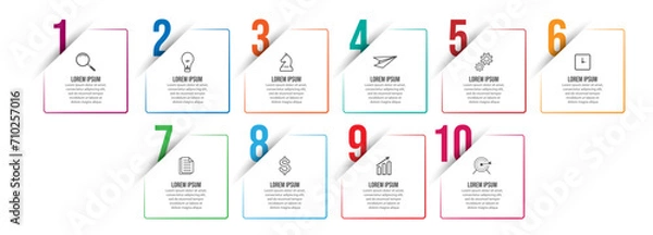 Fototapeta Simple business infographic with 10 parts or steps, containing icons, text, numbers. Can be used for presentation banners, workflow layouts, process diagrams, flow charts, infographics, your business 