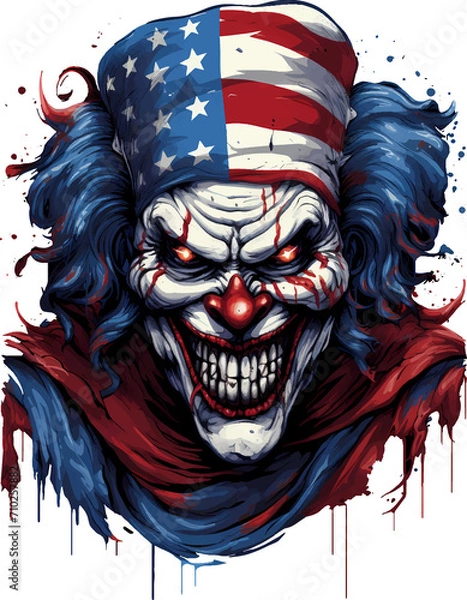 Fototapeta Evil clown with a strong and determined expression, wearing the stars and stripes of the American flag, for t-shirt and sticker design ready to print, on transparent background
