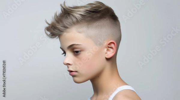 Fototapeta Rebellious Aura, An Imaginative Portrayal of a Young Boys Vibrant Mohawk Undercut