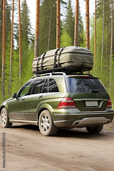 Obraz Embarking on a journey together, suitcases mounted on the car's roof, ready to explore.