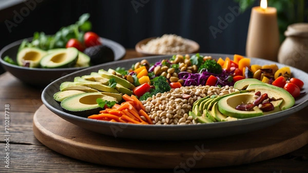 Fototapeta beauty of plant-based eating with a veg food plate filled with vibrant vegan bowls featuring a variety of grains, roasted vegetables, avocado slices, and a drizzle of tahini.