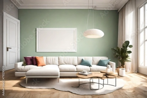 Fototapeta A breathtakingly simple living room, showcasing a solitary sofa, an empty white frame mockup on a clear solid color wall, and a vivid color element, all gracefully lit by a modern pendant light.