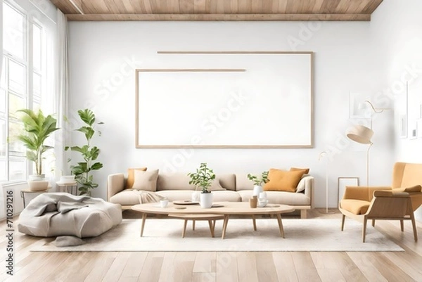 Fototapeta A bright and airy living room with minimalistic furniture, a blank white empty frame mockup, and a palette of vivid colors creating a serene visual ambiance.
