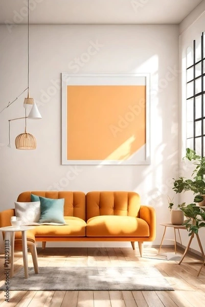 Fototapeta A sunlit living room with a cozy sofa, minimalist furniture, and a blank white empty frame mockup on the wall, adorned with bright, cheerful colors.