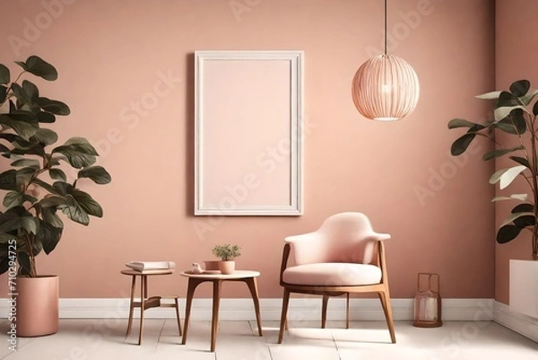 Fototapeta A strikingly simple room mockup with an empty white frame on a serene blush wall, accompanied by a singular terracotta chair, all enhanced by the gentle radiance of a pendant light.