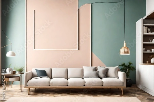 Fototapeta An exquisitely simple living space adorned with a single sofa, a blank white frame mockup on a seamlessly colored wall, and a burst of bright hues