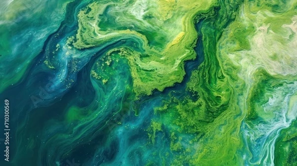 Fototapeta Aerial view of a massive bloom of algae in a lake, fluid, organic pattern with vibrant greens and blues