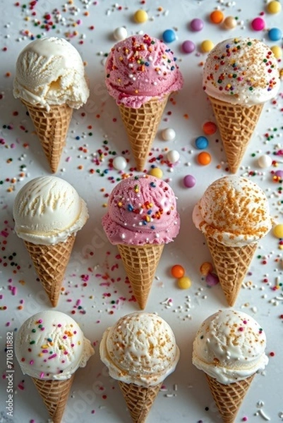 Fototapeta Whimsical ice cream flat lay with playful toppings and sprinkles, bright and cheerful arrangement, white background