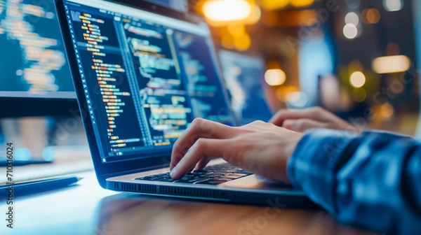 Obraz Focused programmer in professional development, typing code on a laptop. Screens display intricate coding language UI, highlighting software development, ChatGPT AI, and web design