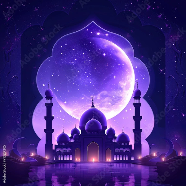 Fototapeta  Happy Eid and Ramadan Arabic lantern with burning candle  Ramadan crescent moon, Eid Mubarak Islamic festival concept on a purple background social media banner and Eid Mubarak Post Template, Islam