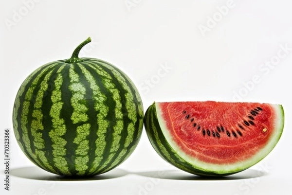 Fototapeta A watermelon and a half of a watermelon, suggesting gestation inside a watermelon, are seen in a professional fruit photography.