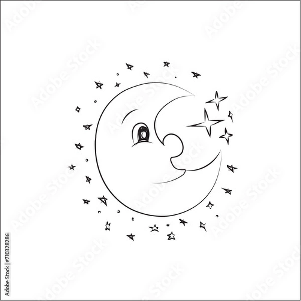 Fototapeta Moon and stars with handdrawn doodle style cartoon.