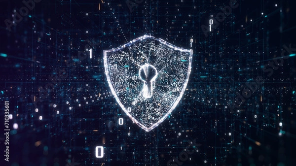 Obraz cybersecurity concept. A glowing digital shield with a keyhole, symbolizing cybersecurity, amidst binary code in a dark blue, matrix-like setting.