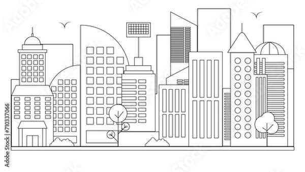 Fototapeta Black and white city building line art vector icon design illustration template background. Vector line art outline cityscape concept