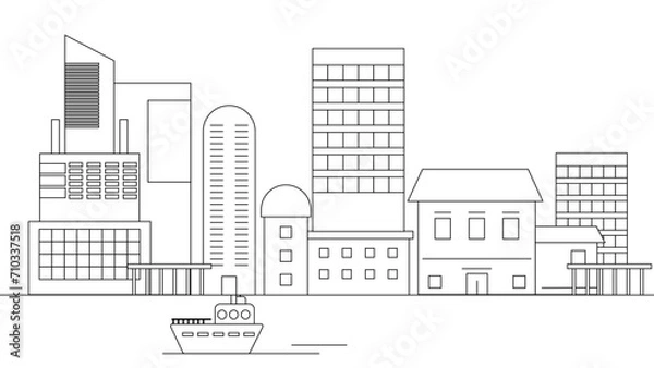 Fototapeta Black and white vector modern skyline buildings background impressive architecture with outline style