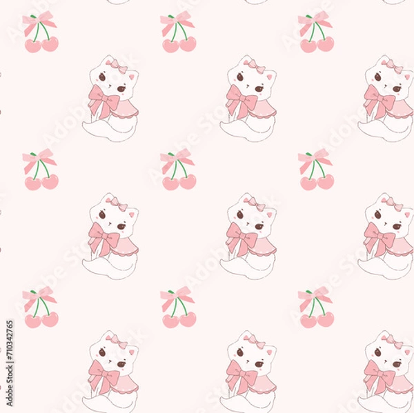 Fototapeta Cute coquette cats and cherries adorned with pink ribbon bow pattern seamless isolated on white background.