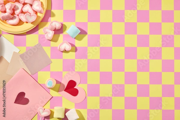 Fototapeta Creative background for design on valentine’s day. Yellow plates with sweet marshmallow decorated with color paper card on pink and yellow checkered background. Copy space