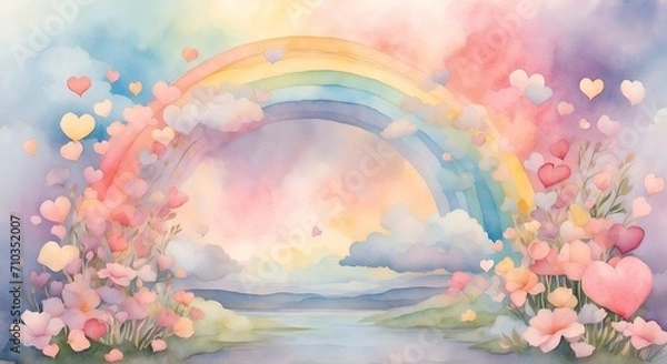 Fototapeta A dreamy landscape of floating hearts, pastel-colored flowers, and a rainbow sky, all brought to life with a soft watercolor rendering.