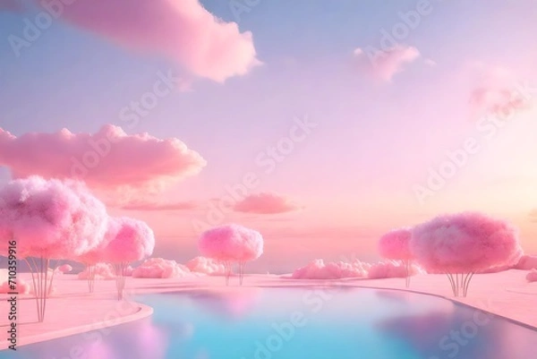 Fototapeta Cotton Candy Dreamscape 3D Rendered Podium Amidst Dreamlike Natural Skyline, Framed Metal Arch Adorned Soft Cotton Blush Illumination Cotton Trees, Set Against Backdrop Cloud Sky