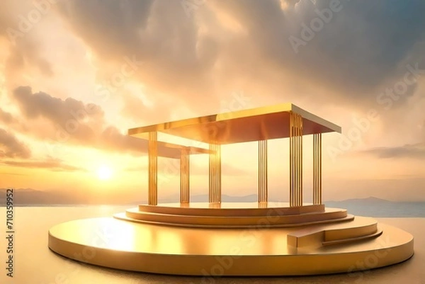 Fototapeta Podium stage stand on golden hour cloudy sky background for product placement 3d render