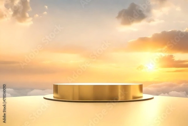 Fototapeta Podium stage stand on golden hour cloudy sky background for product placement 3d render