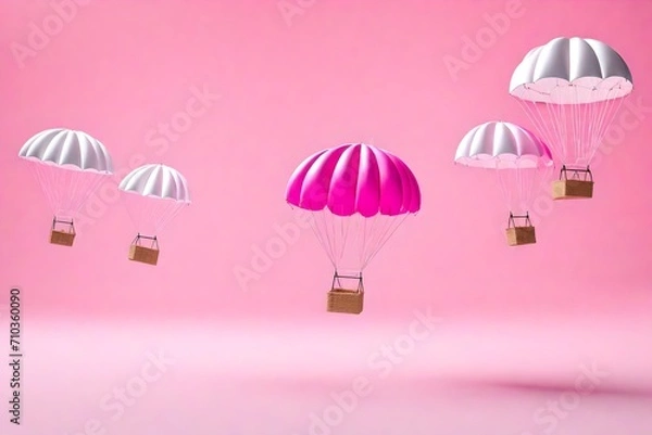 Fototapeta Pink parachute delivery objects jump down in the air while the white cloudy. Parachute 