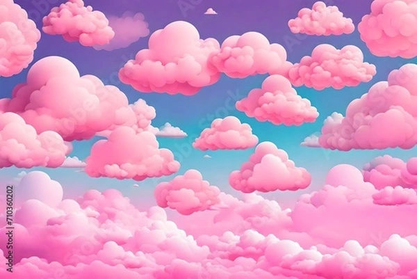 Fototapeta Beautiful Fluffy Clouds on Pink Sky Background. Collection of Cartoon Cumulus Cloud. Render Bubble Cute Circle Shaped Smoke or Cumulus Fog Symbol. 