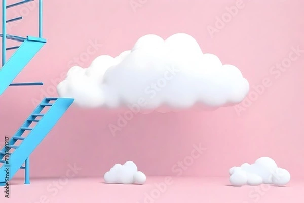 Fototapeta 3d render, white fluffy cloud above the blue ladder, isolated on pink background