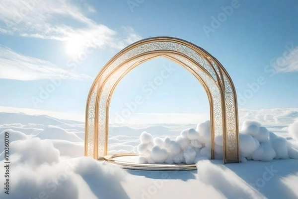 Fototapeta Whispers of Sky and Cotton 3D Rendered Podium Amidst a Dreamlike Natural Skyline, Framed by a Metal Arch Adorned with White Cotton, Set Against a Backdrop of Clouds and Sky