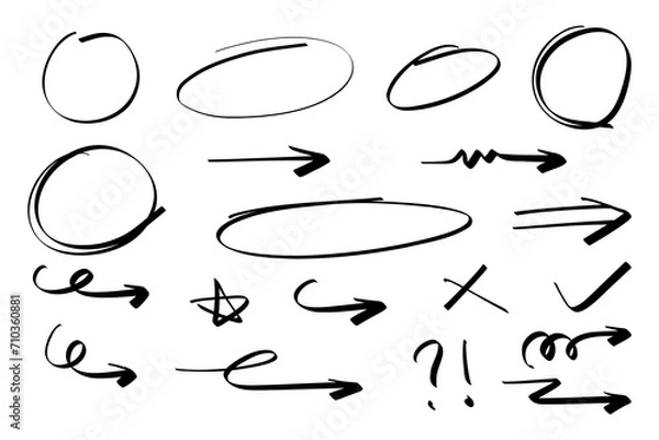 Fototapeta Hand drawn circle and arrow line for highlighting text. Rounds Bubbles Set doodle sketch symbols on a white background. vector illustration graphic design elements